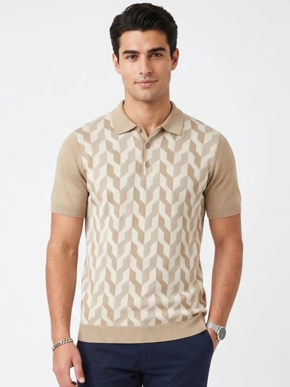 Mizumi Beige Geo Print Knit Short Sleeve Polo/30592
